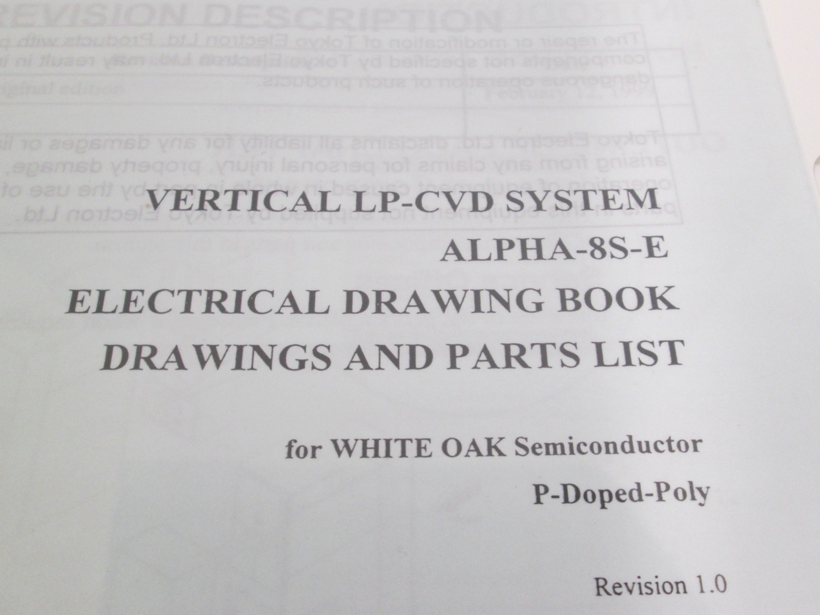 TEL Tokyo, ALPHA-8S-E, Electrical Drawing Book P-Doped-POLY, REV 1.0, Used