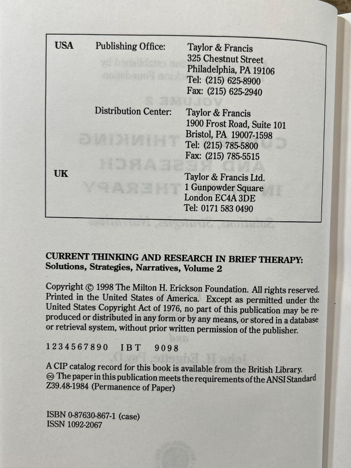 Current Thinking and Research in Brief Therapy Vol. 2 Matthews Edgette 1998 HC
