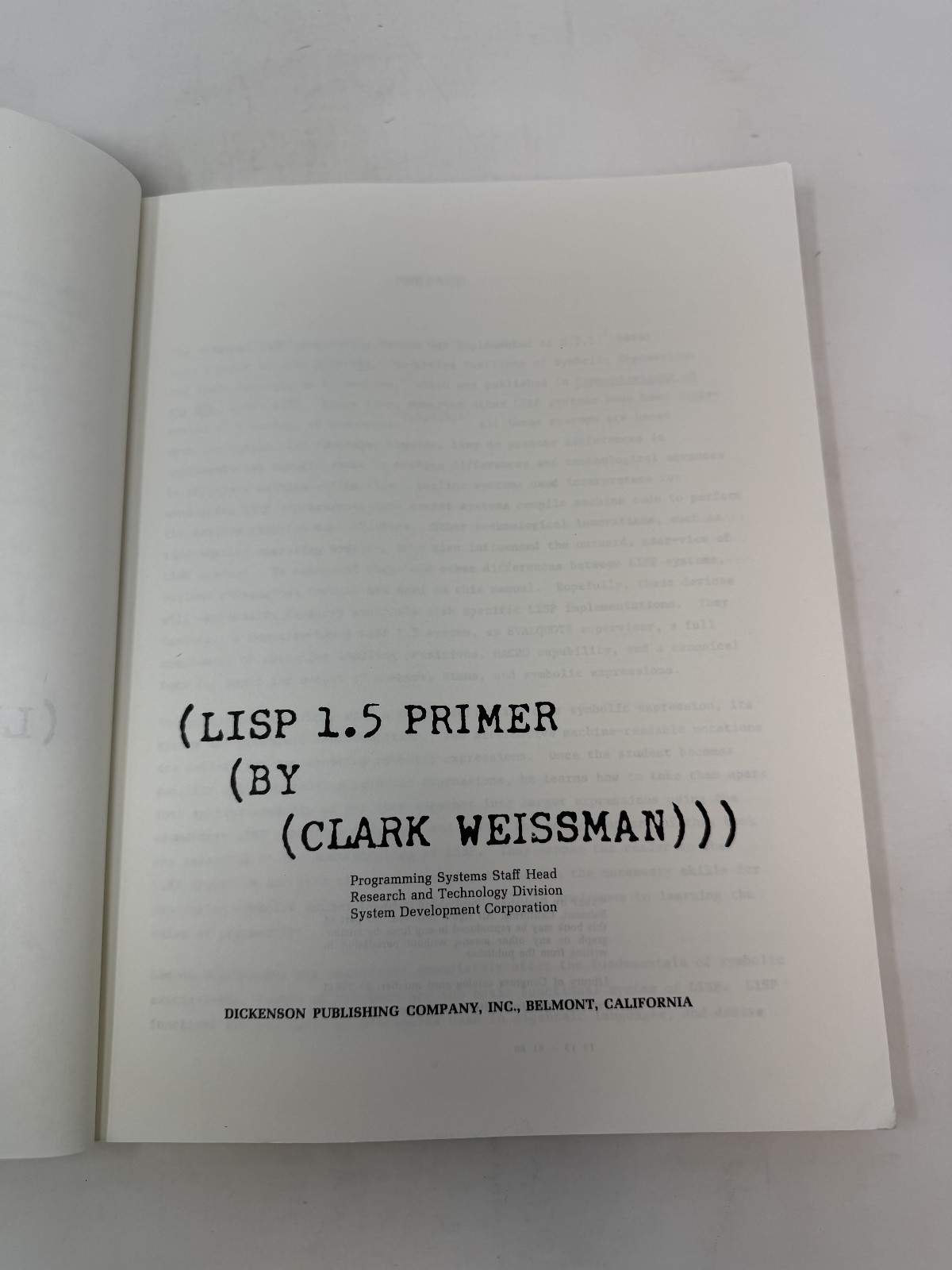 LISP 1.5 PRIMER by Clark Weissman (1967, SC)-Dickenson Series in Computer & Info