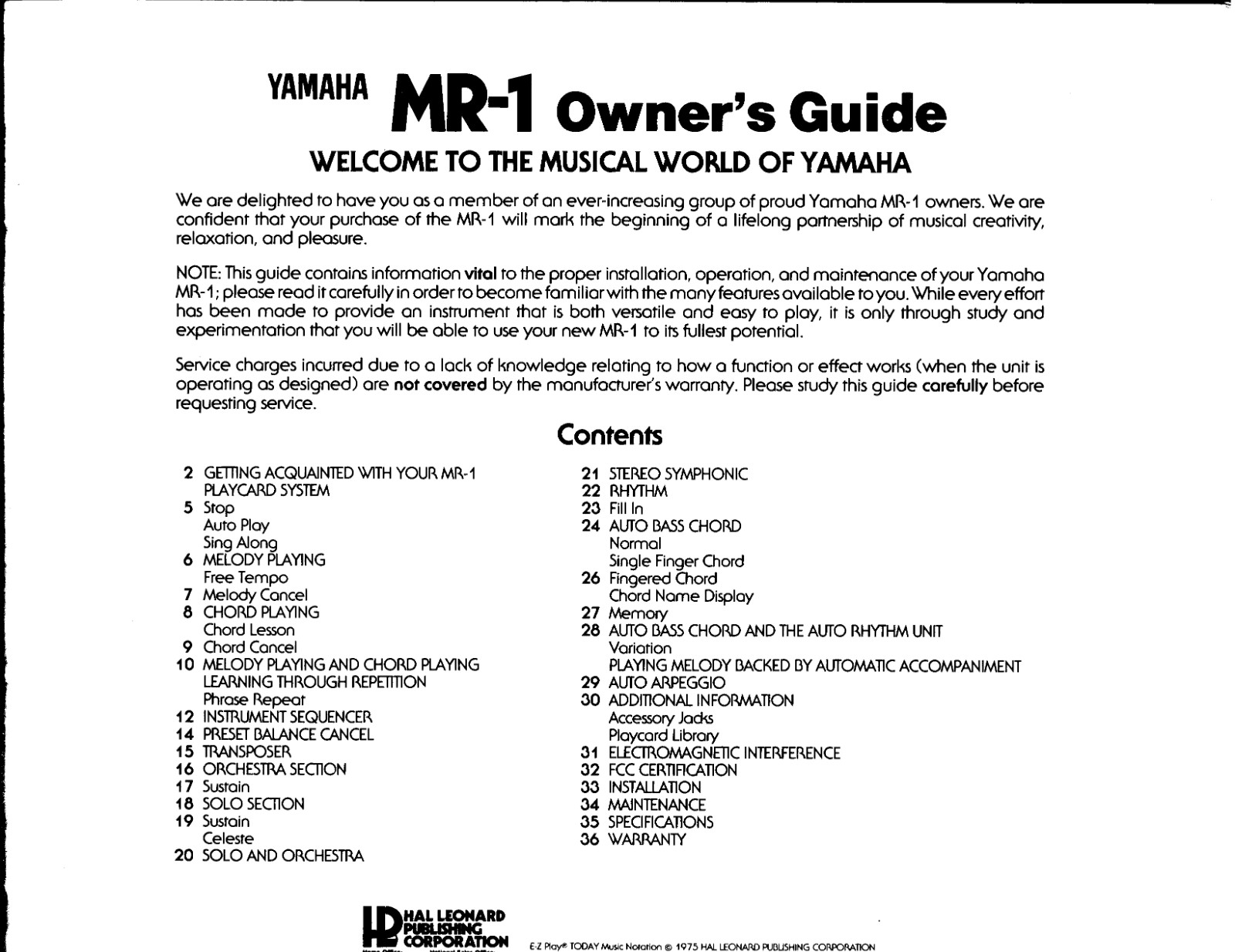 Yamaha MR-1 Instruction Manual: 38 Pages & Protective Covers!