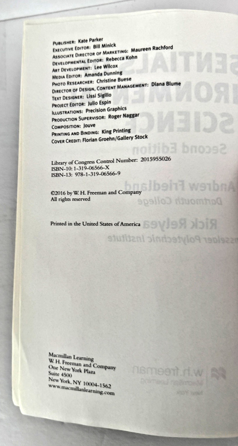 Essentials of Environmental Science by Andrew Friesland & Rick Relyea (2nd Ed.)
