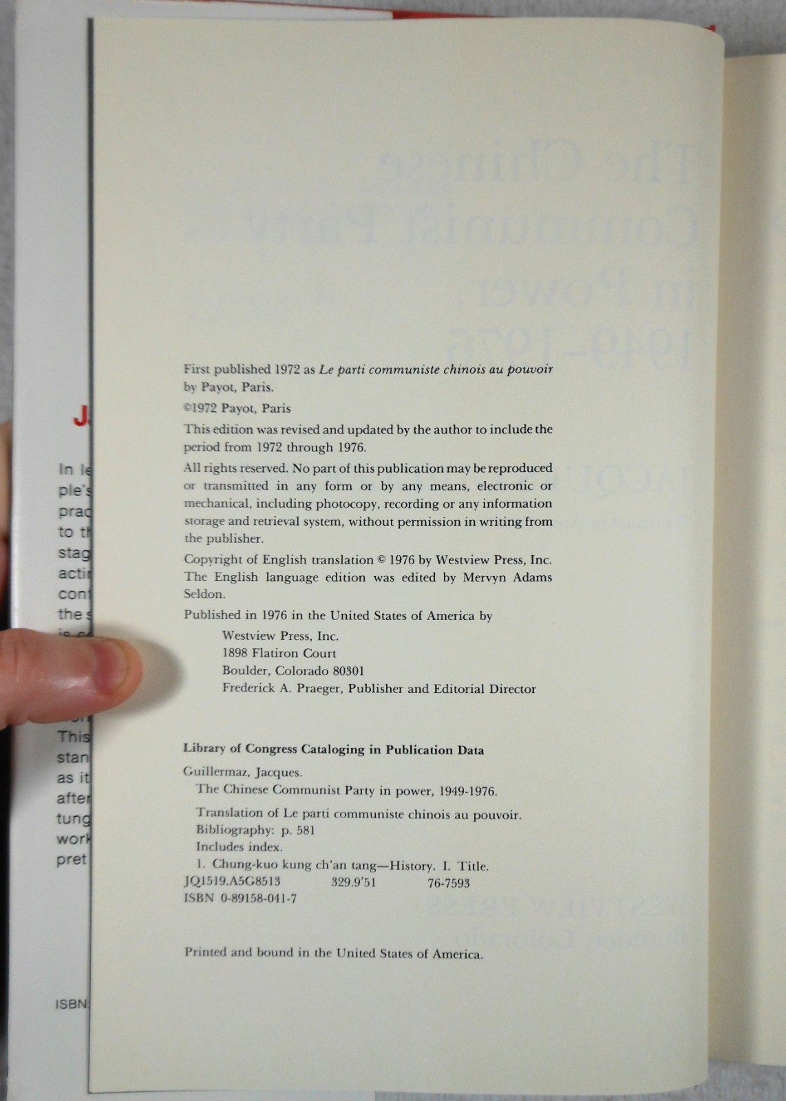 THE CHINESE COMMUNIST PARTY IN POWER: 1949-1976 – J. Guillermaz (1977 Hardcover)