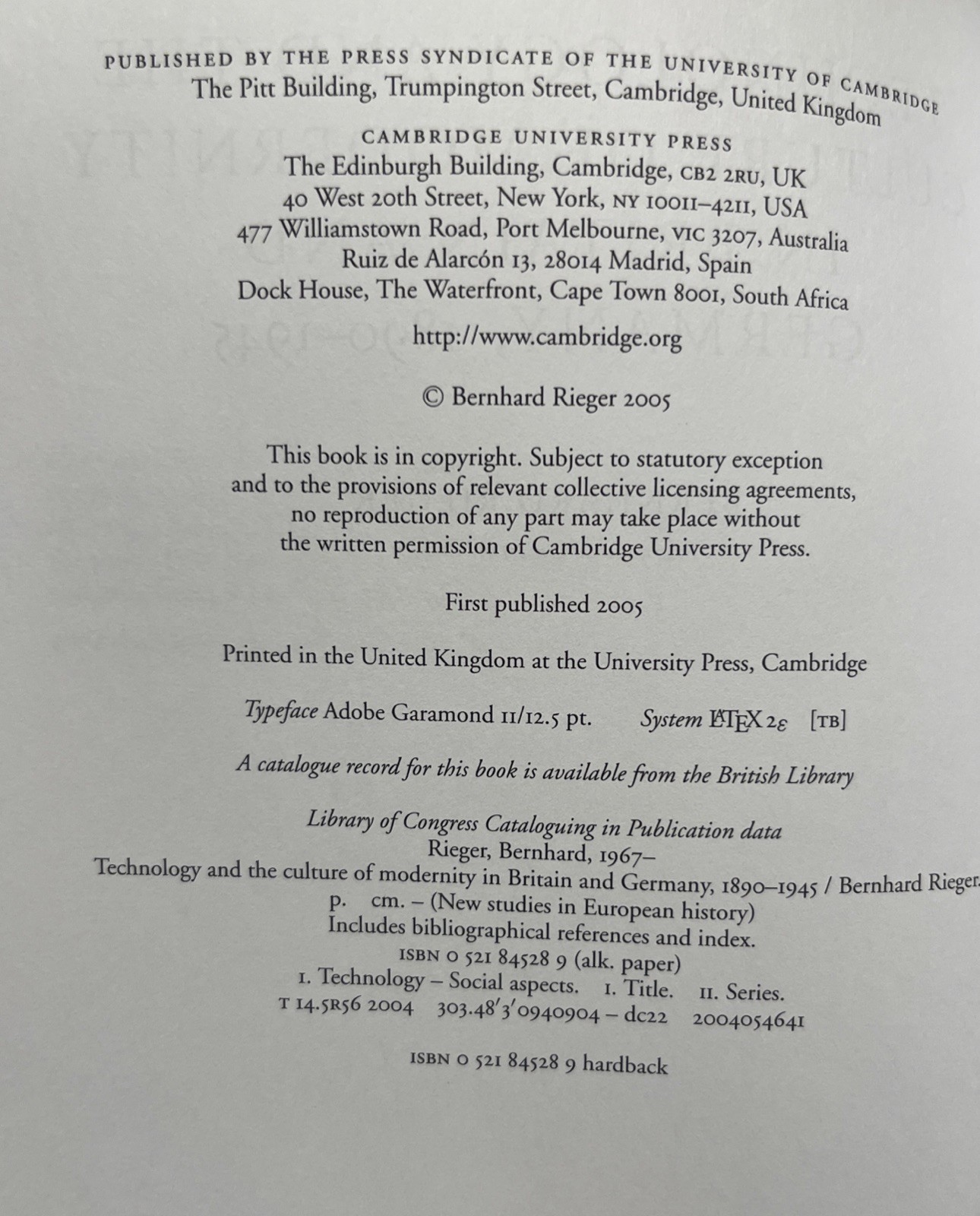 Technology and the Culture of Modernity In Britain and Germany 1890-1945 Rieger