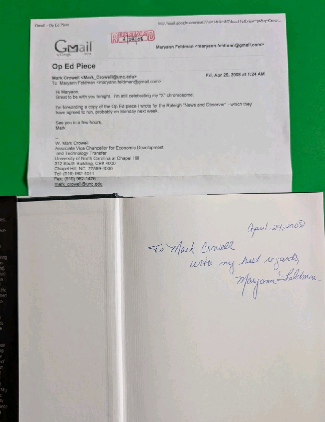 SIGNED Cluster Genesis Feldman 2006 Oxford HC Association Copy to Mark Crowell