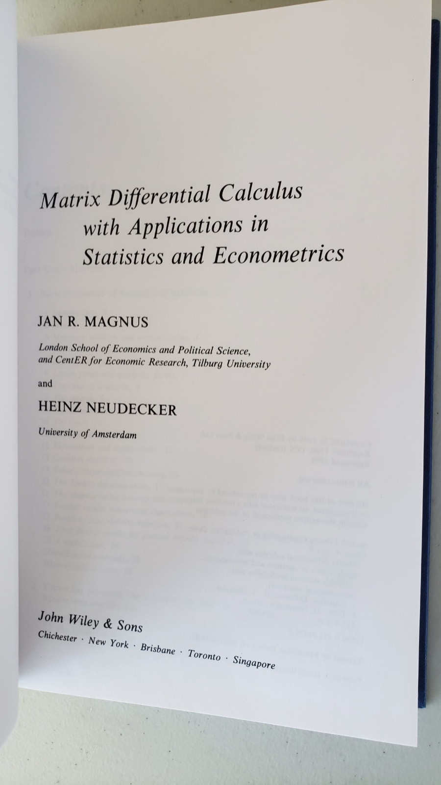 Matrix Differential Calculus Magnus Neudecker 1988 1st Ed Wiley NOS Scarce