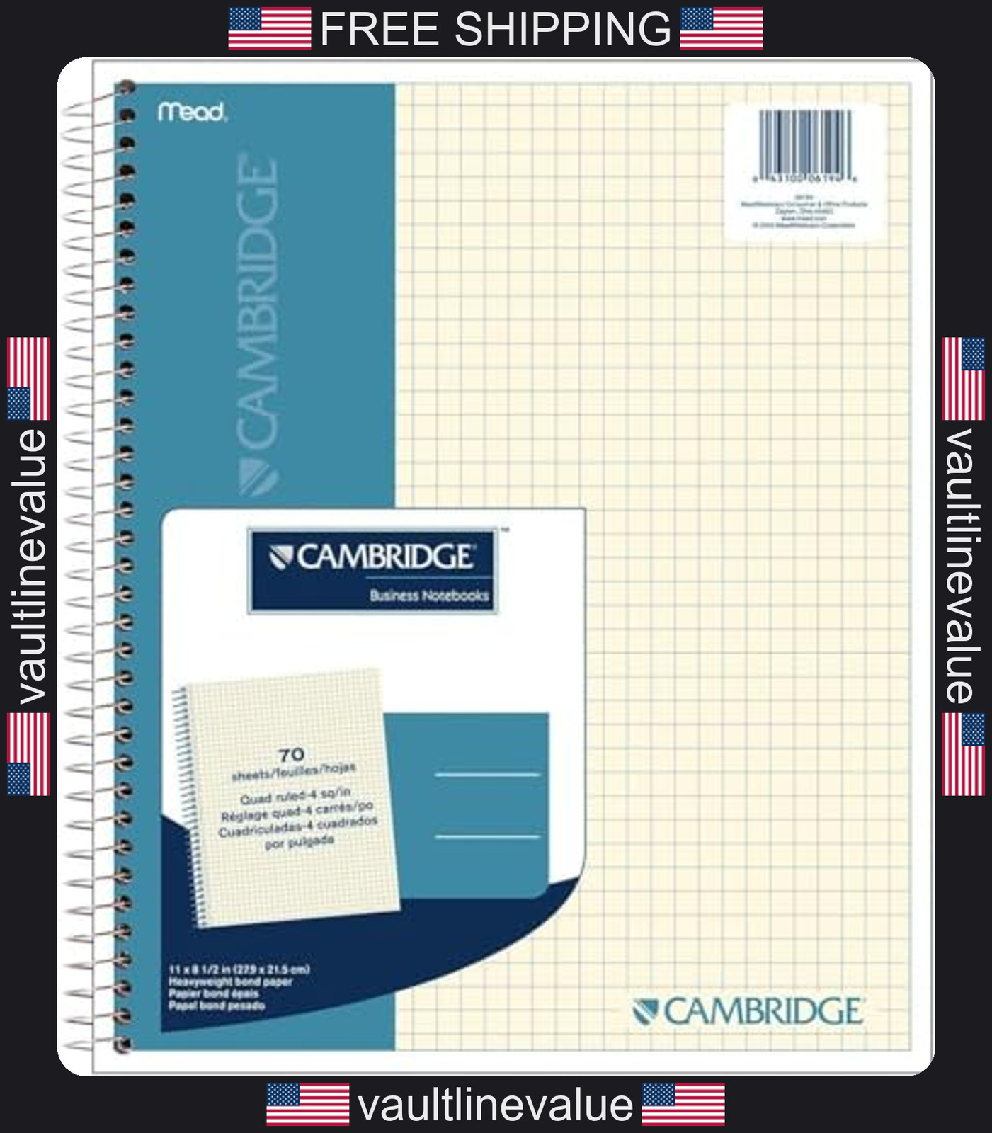 Cambridge Business Notebook, Quad Ruled Paper, 8-1/2″ x 11″, 70 Sheets,