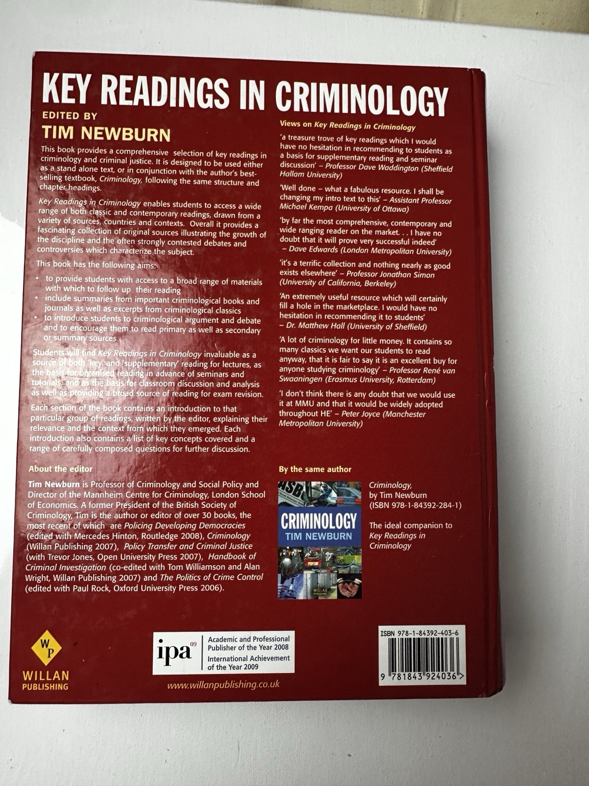Key Readings in Criminology Tim Newburn Willan Publishing Hardcover Textbook