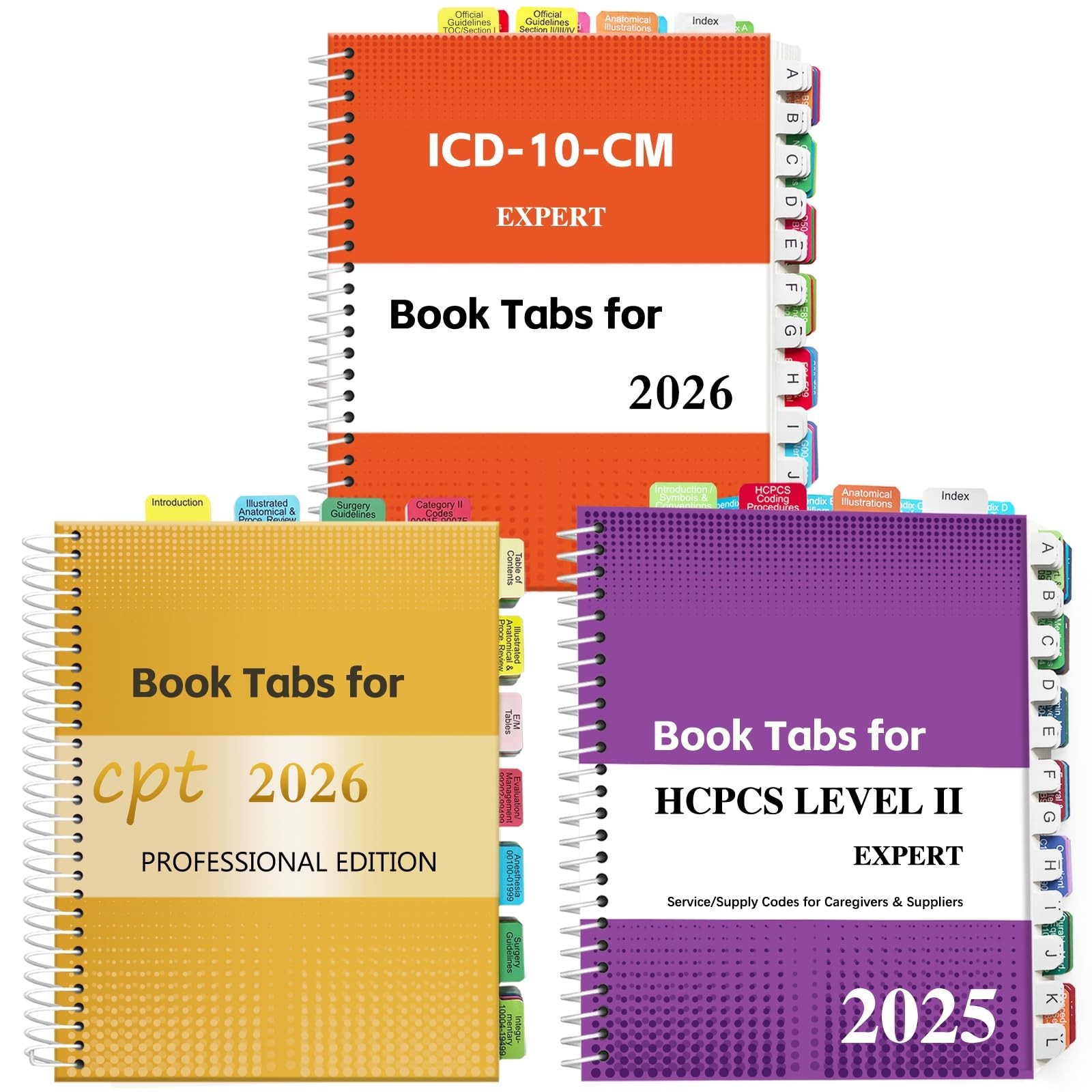 Color-Coded Index Tabs Set for CPT 2026, ICD-10-CM 2026 & HCPCS Level II 2025, W