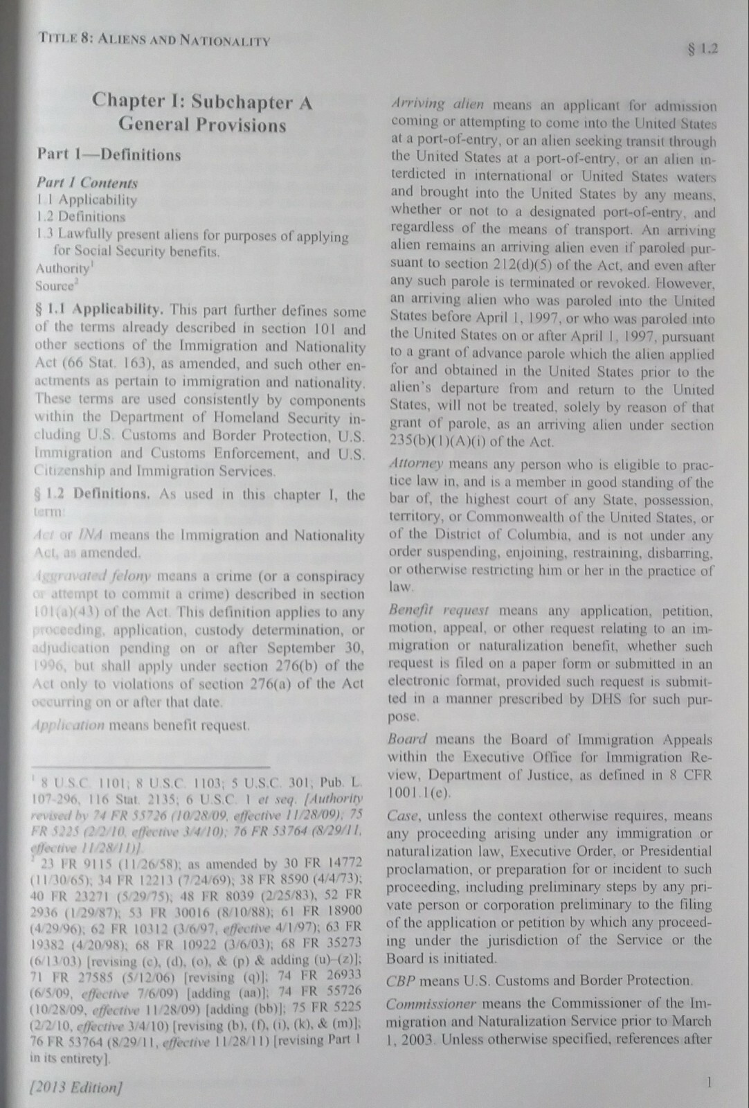 Immigration Regulations 8 CFR Vol 1 2013 Edition