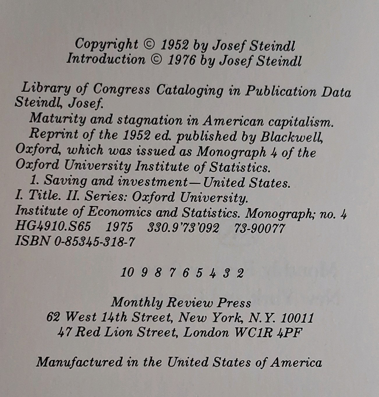 Maturity and Stagnation in American Capitalism Josef Steindl 1976 Paperback
