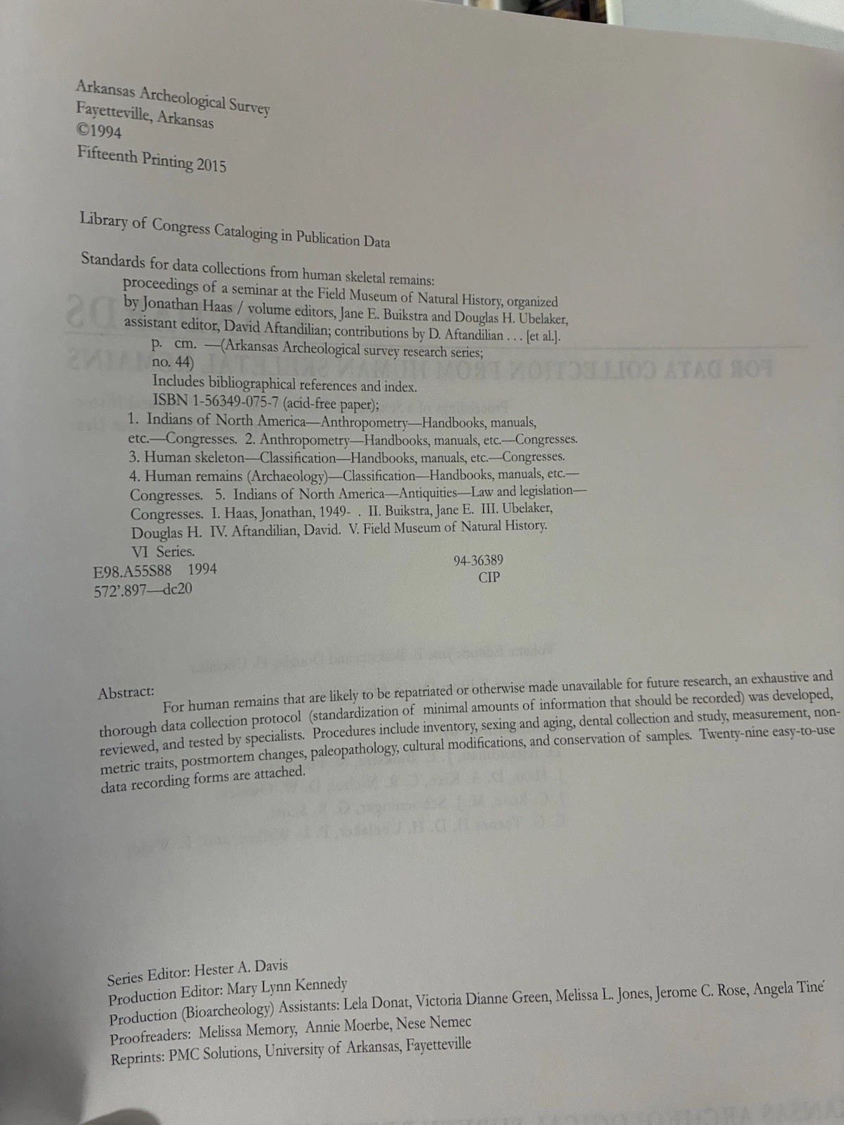 Standards fro Data Collection From Human Skeletal Remains No.44, 1994