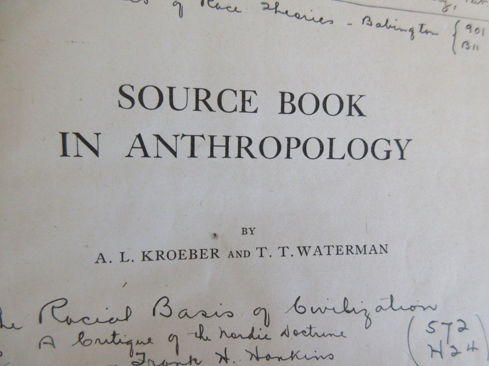 SOURCE BOOK IN ANTHROPOLOGY BY KROEBER & WATERMAN 1920a
