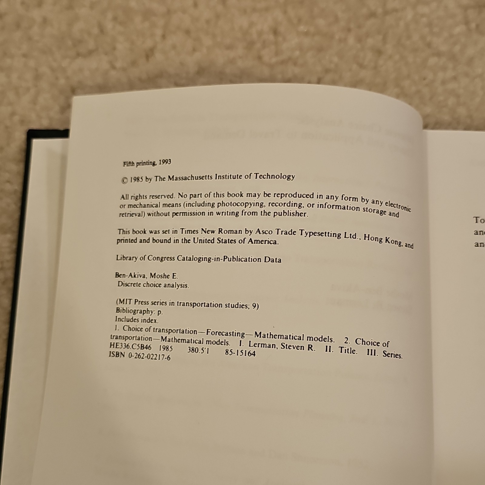 Discrete Choice Analysis Travel Demand Hardcover Ben-Akiva Lerman MIT Press