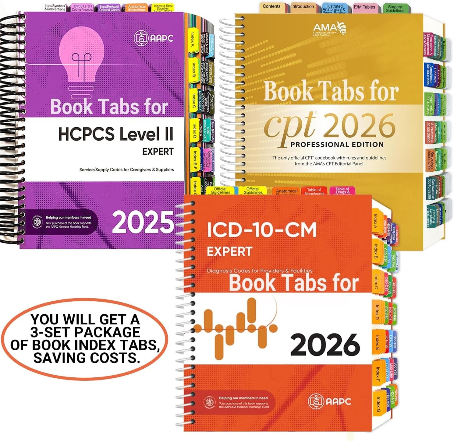 Index Tabs for AMA CPT Book, ICD-10 Code Book, HCPCS Level II Book, 3-Set Bundle