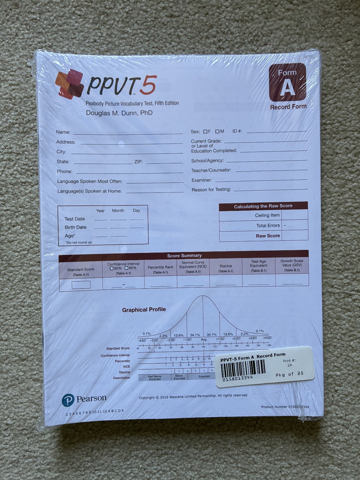 PPVT 5 Peabody Picture Vocabulary Test Form A kit 5th edition Pearson.