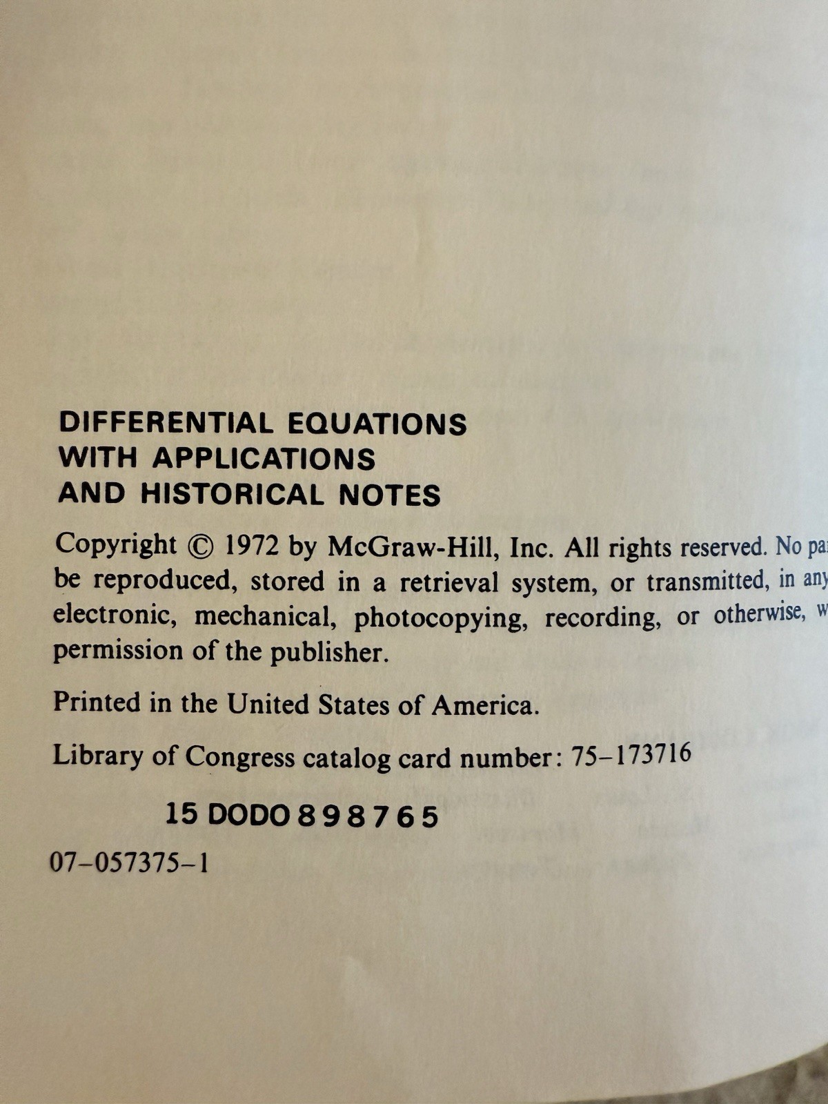 Differential Equations w/Applications & Historical Notes, Simmons 1972 HC