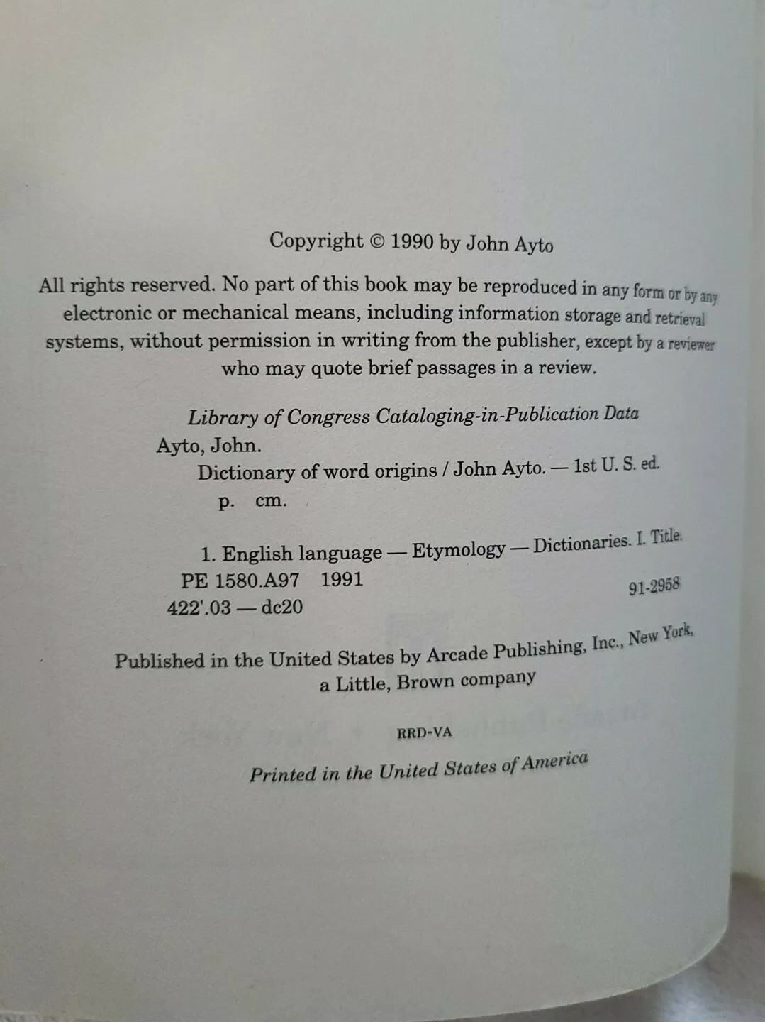 Dictionary of Word Origins by John Ayto 1991 Edition Paperback 592 Pages English