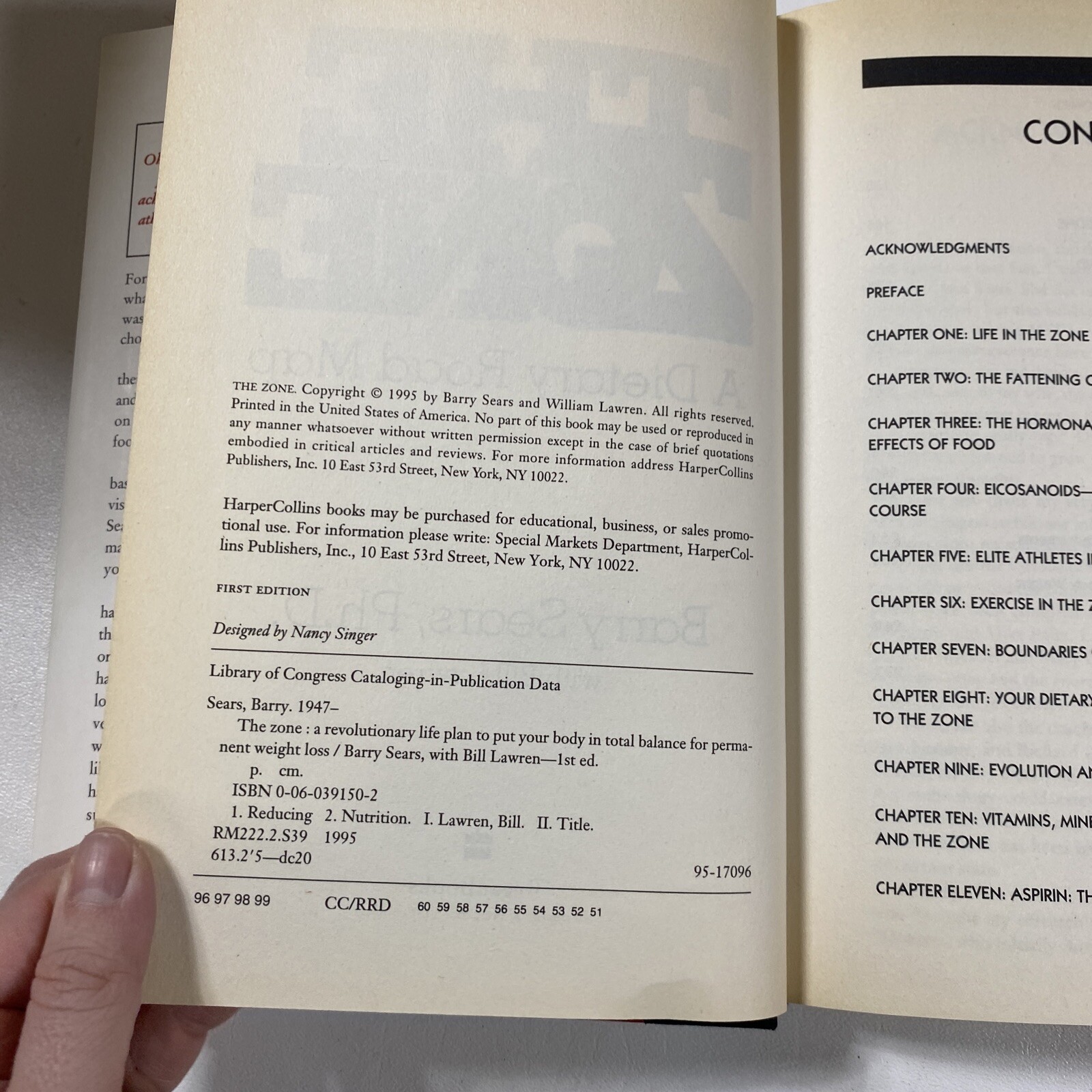 The Zone : A Dietary Road Map – Barry Sears (Dust Jacket, 1995, 1st Edition)