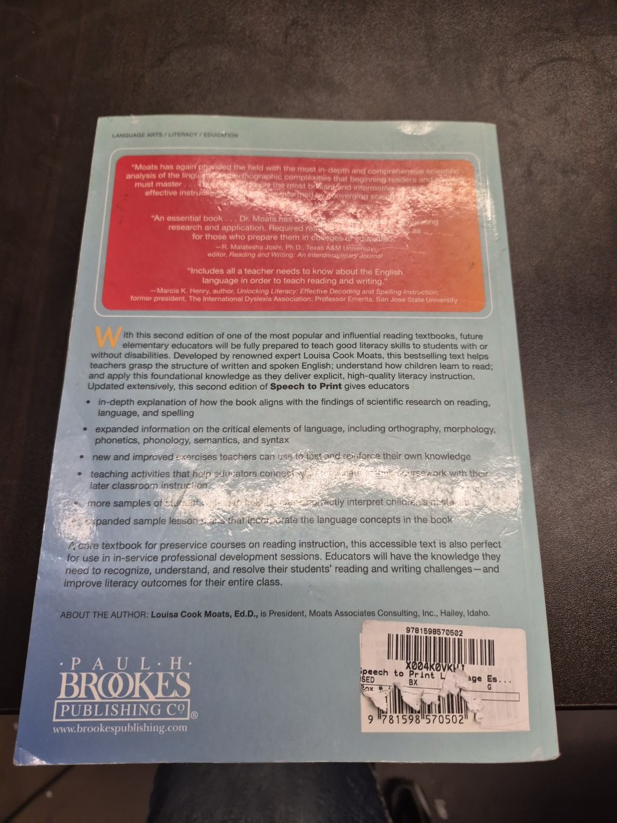 Speech to Print 2nd Ed Language Essentials for Teachers Louisa Cook Moats PB