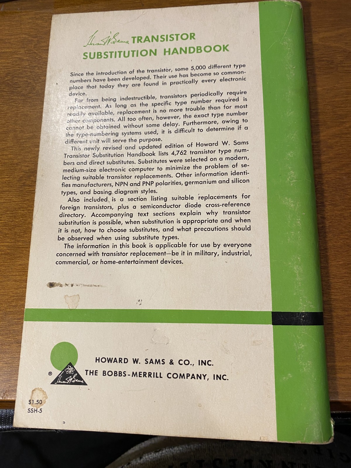 TRANSISTOR SUBSTITUTION HANDBOOK Howard W. Sams, 5th Ed, 1st Printing 1964