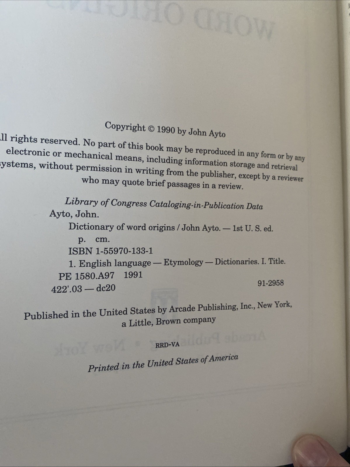 Dictionary of Word Origins by John Ayto (1991, Library Binding)