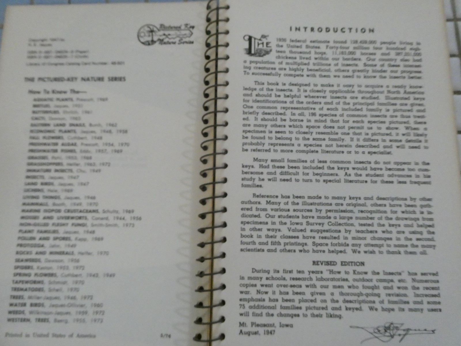 HOW TO KNOW THE INSECTS PUB 1947 SPIRAL BOUND HARD PAPER COVER 205 PAGES