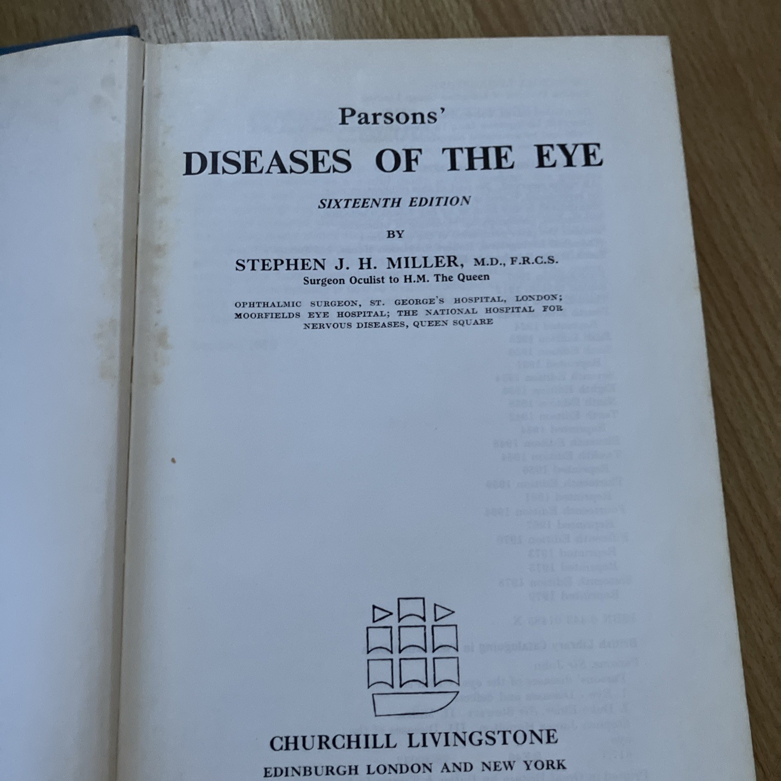 Parsons’ Diseases of the Eye vintage textbook hardback by S. Miller 1978 16th