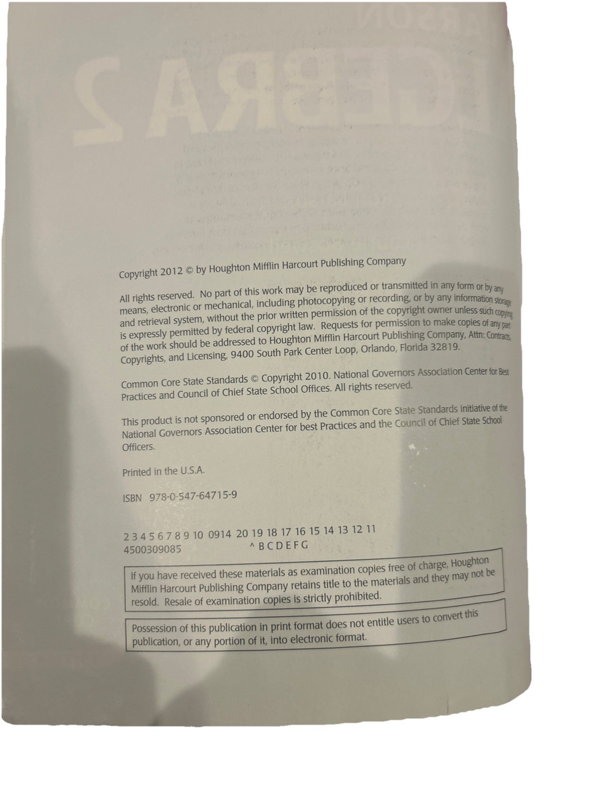 ALGEBRA 2 BOOK HOLT McDOUGAL LARSON ISBN 978-0-547-64715-9 COMMON CORE