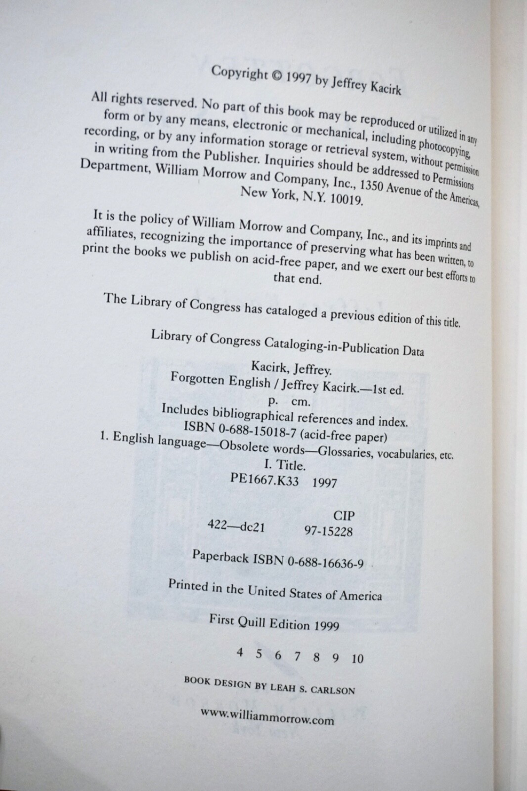 Forgotten English by Jeffrey Kacirk, 1999 First Quill Edition, Trade Paperback