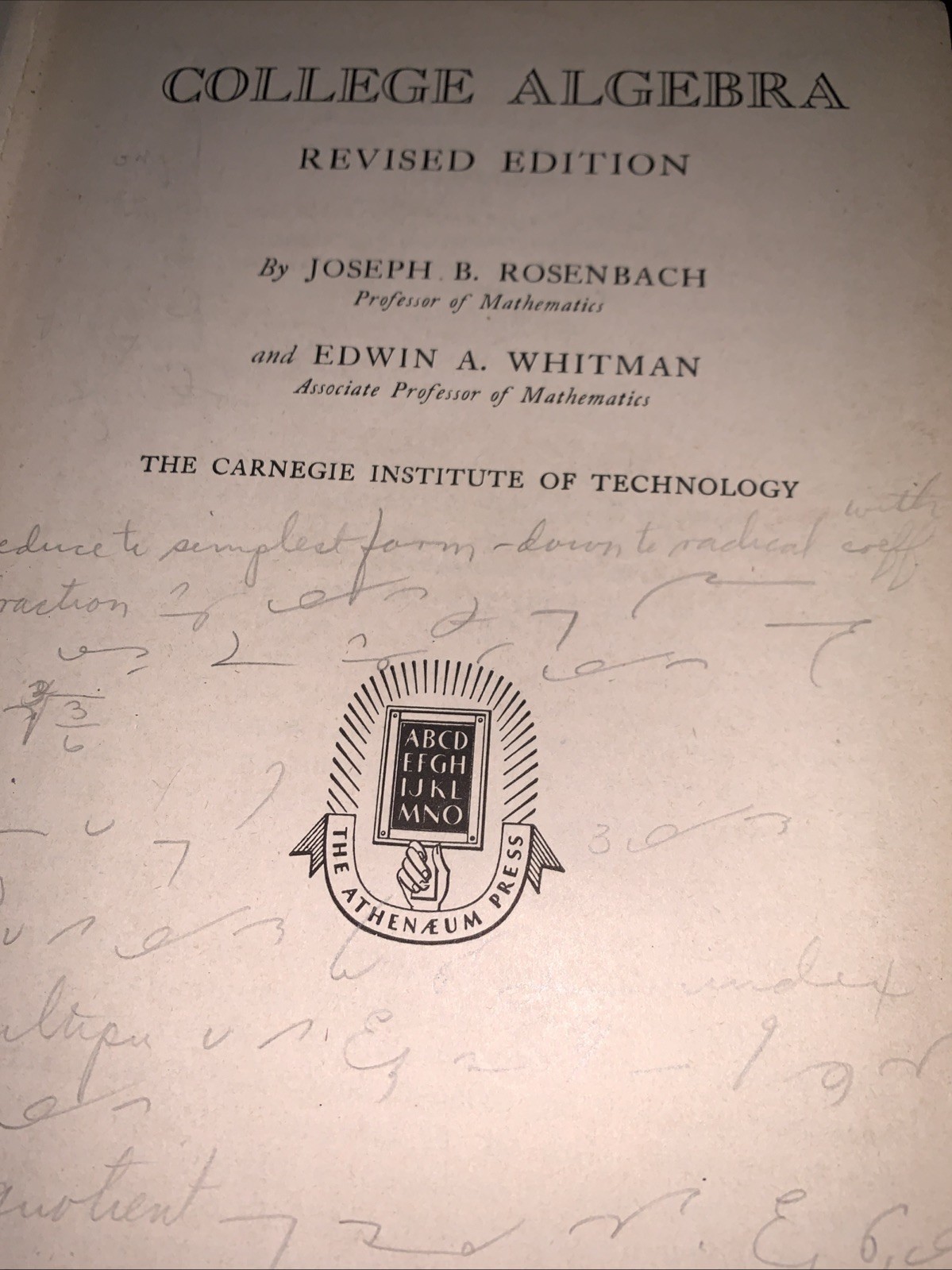 College Algebra Revised Edition & Rare Answer Book- Rosenbach & Whitman – 1953