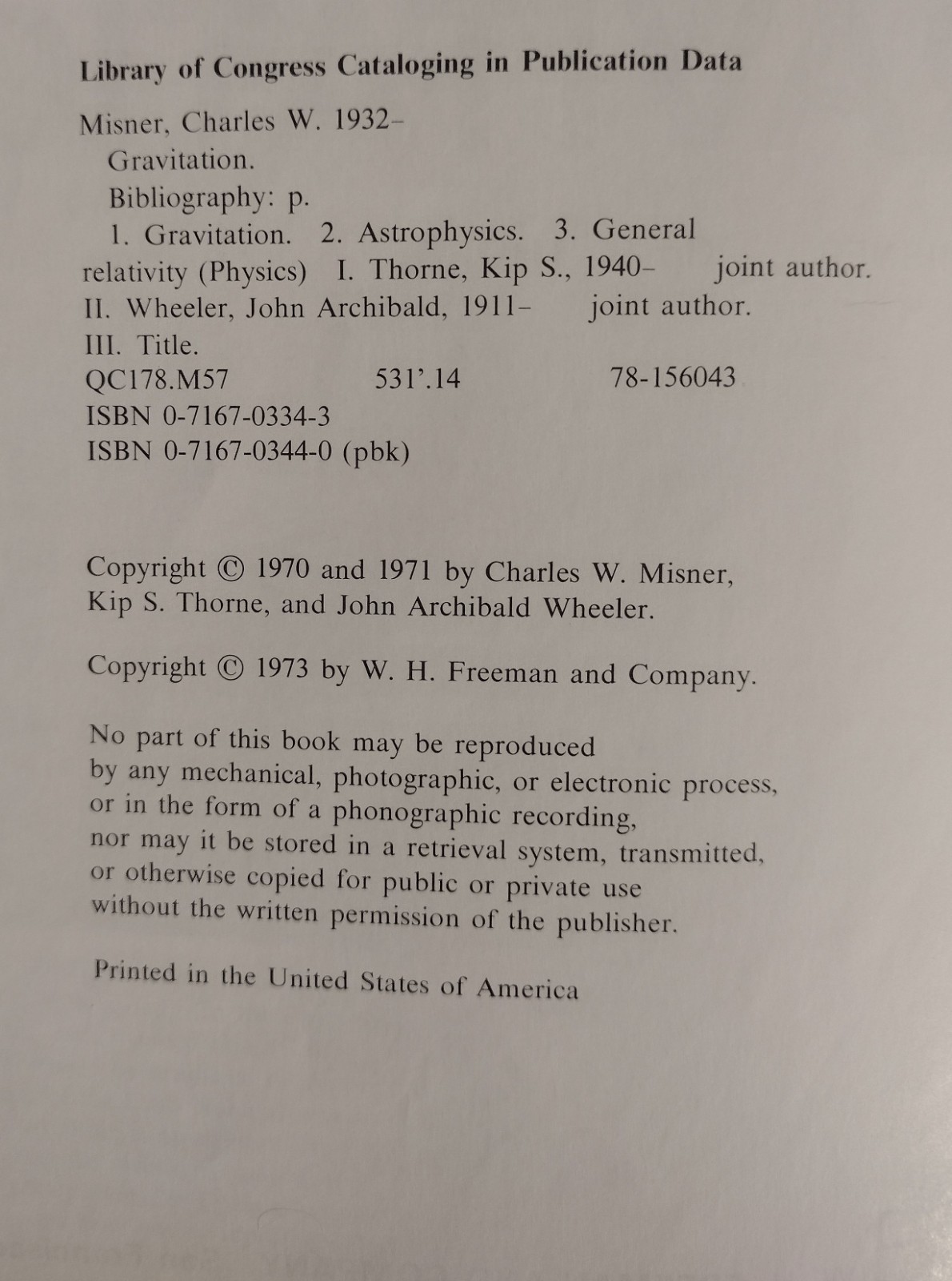 GRAVITATION 1973, Book Misner Einstein Physics Cosmology Quantum, Good