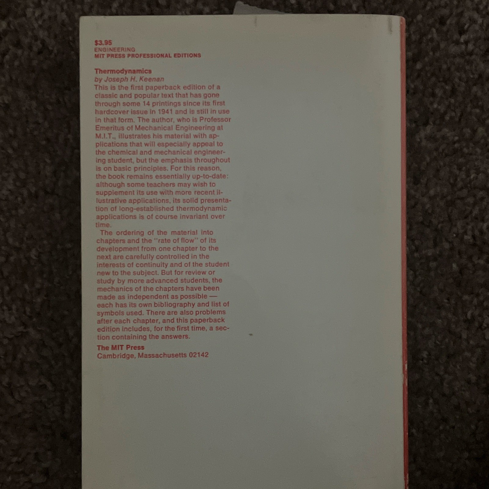 MIT Press Thermodynamics Joseph H. Keenan 1st Ed Paperback 1970 English