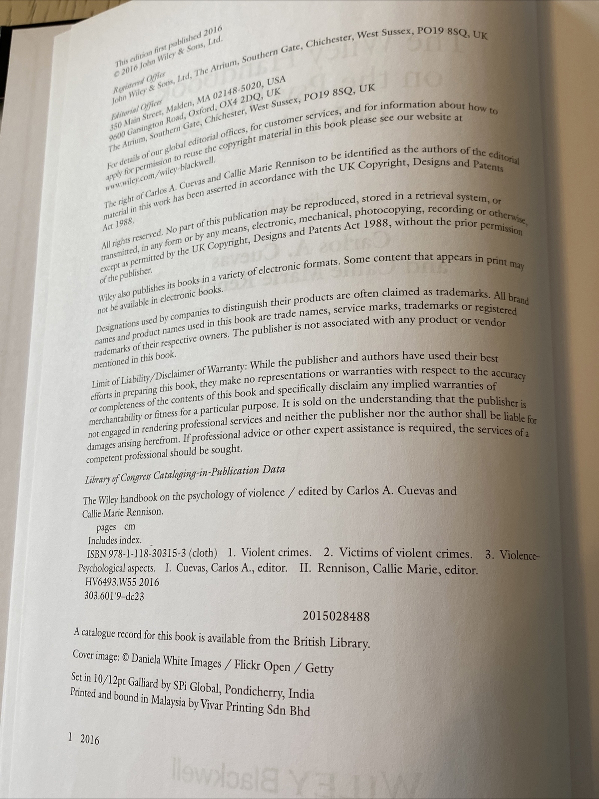 The Wiley Handbook on the Psychology of Violence – Hardcover – Very Good