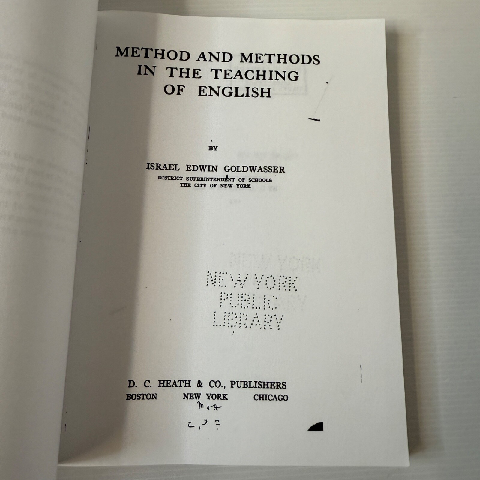 Method And Methods In The Teaching Of English Israel Edwin Goldwasser PB Reprint