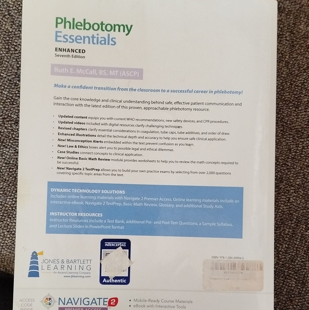 Ruth E. McCall Phlebotomy Essentials Enhanced 7th Ed Paperback 2017