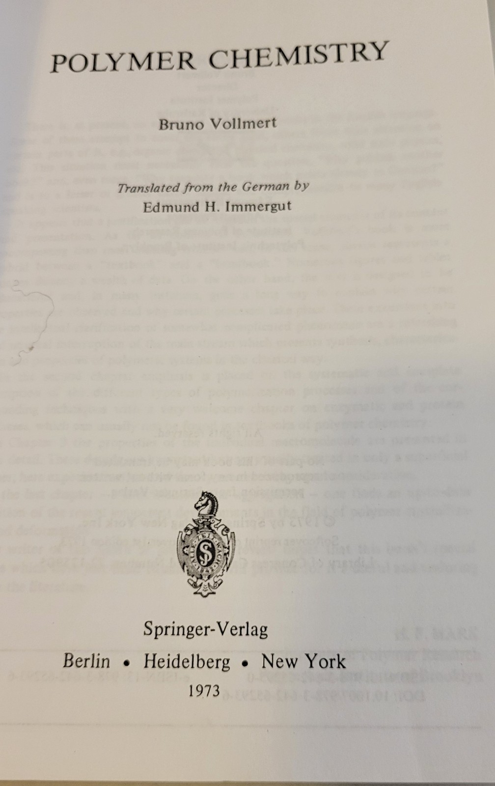 POLYMER CHEMISTRY Bruno Vollmert (Paperback/PB BOOK)~ Reprint of 1973 HC Edition