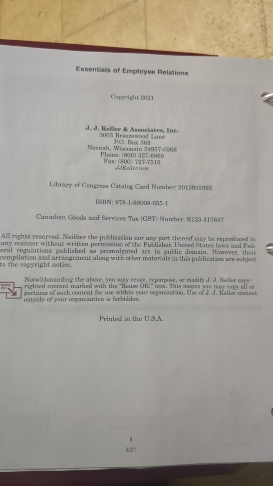J.J. Keller Essentials of Employee Relations Binder Gently Used Published 2021