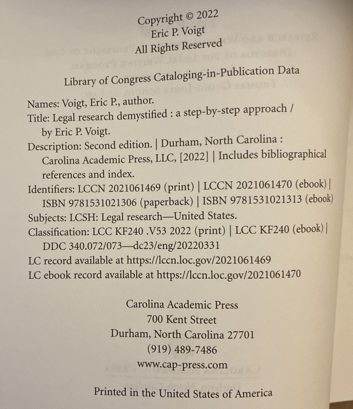 Legal Research Demystified, Eric Voigt, Second Ed., Carolina Academic Press