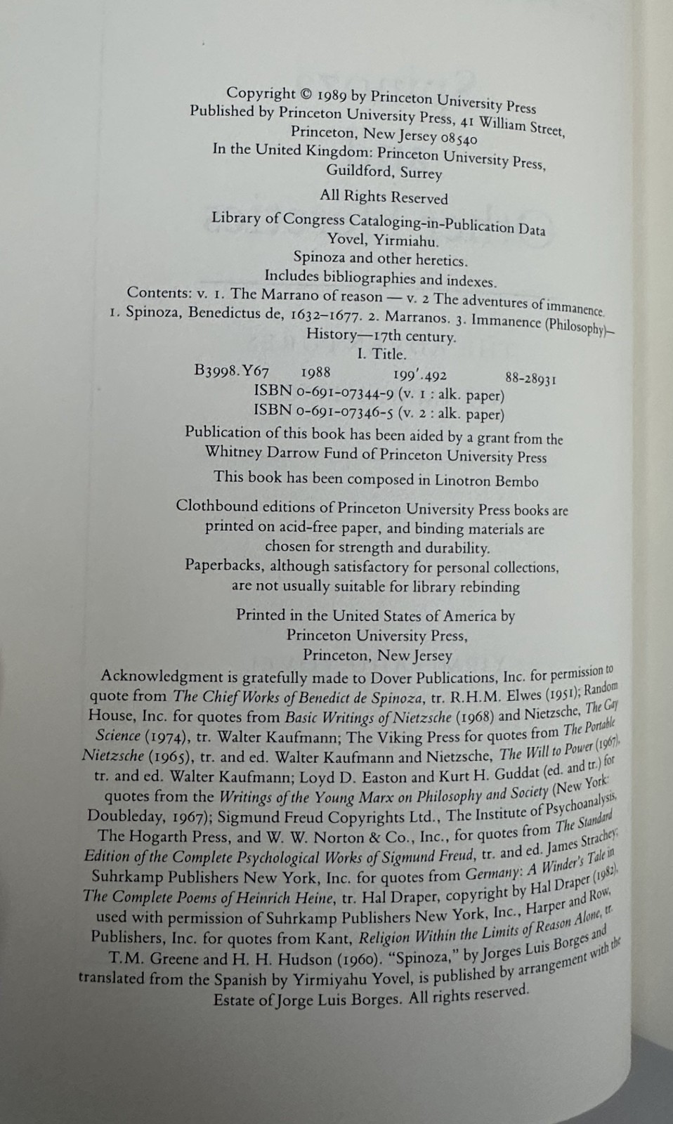 Yirmiyahu YOVEL / Spinoza & Other Heretics Volume 2 1989 FIRST EDITION HCDJ