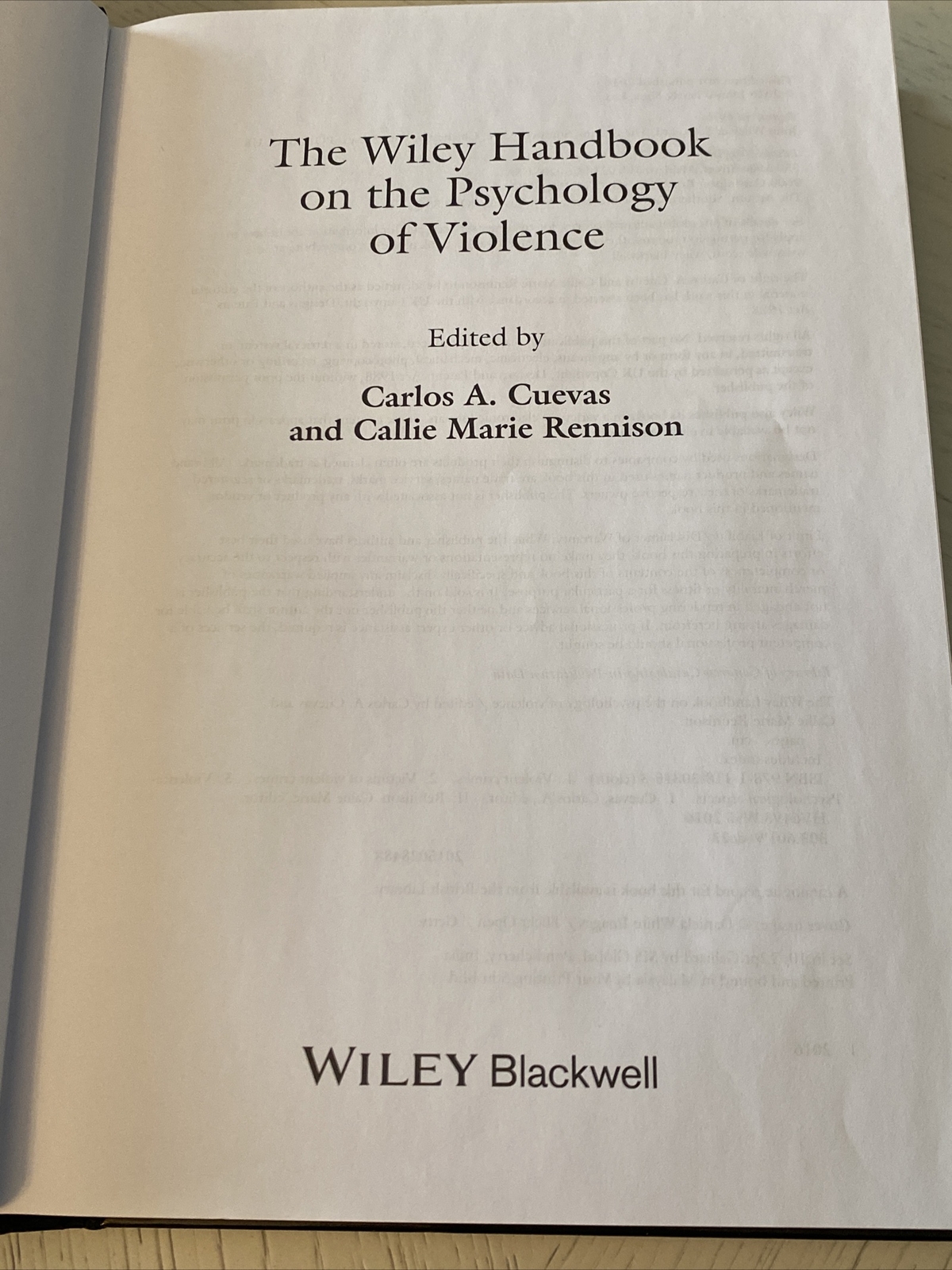 The Wiley Handbook on the Psychology of Violence – Hardcover – Very Good