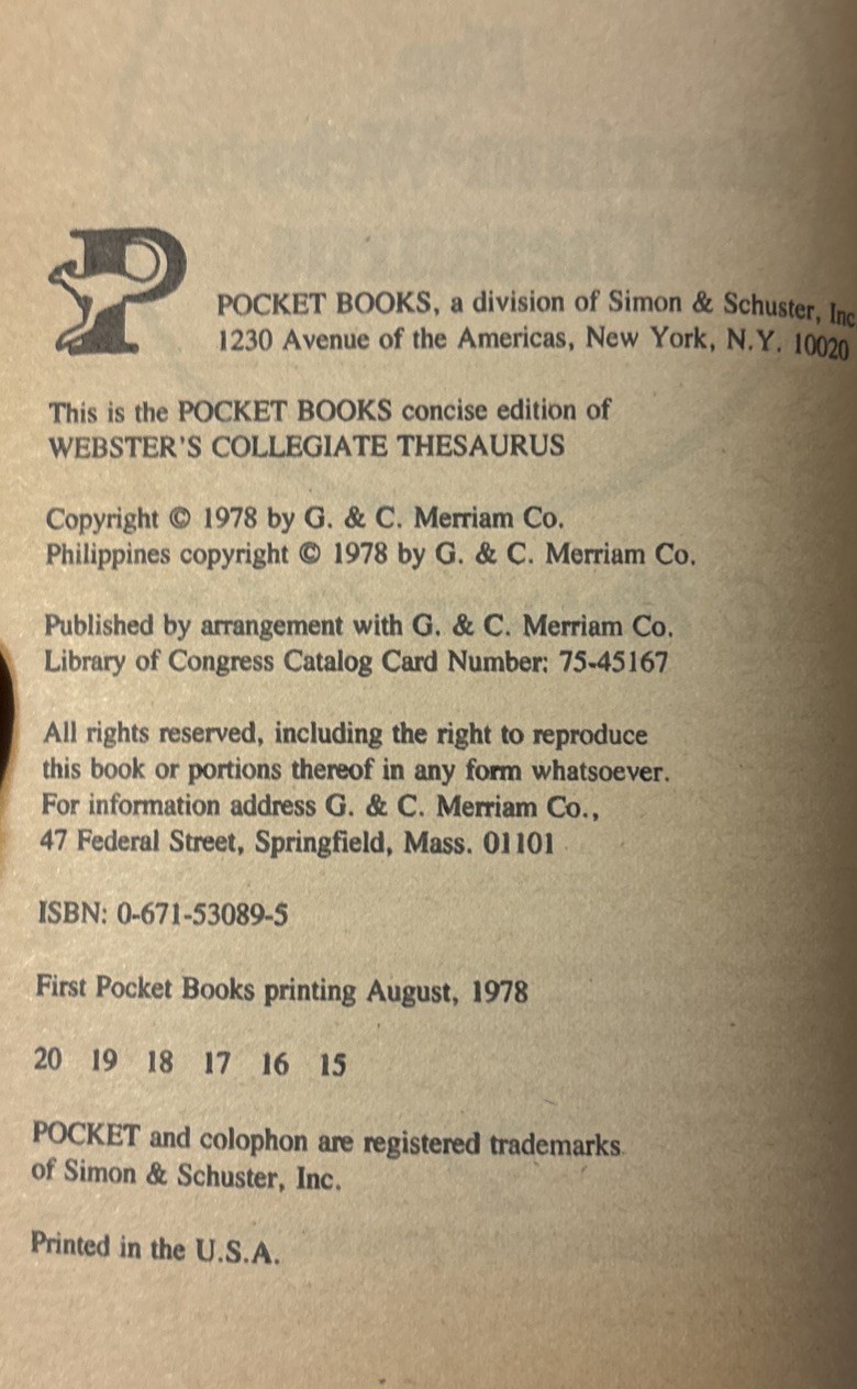 Merriam-Webster Thesaurus Paperback Book 1978 1st Pocket Books Printing