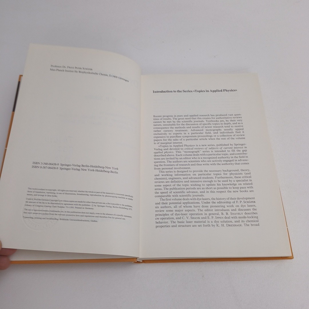Springer Topics in Applied Physics Volume 1: Dye Lasers by F.P. Schäfer 1973 HC