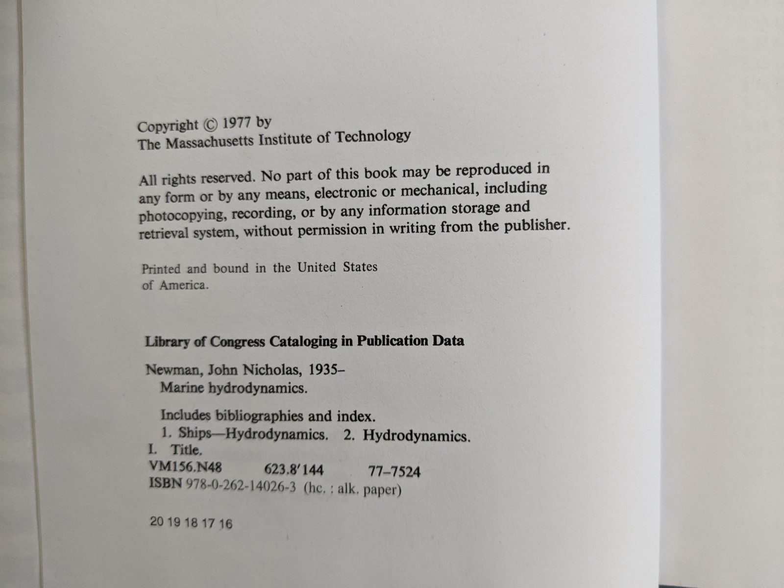 Marine Hydrodynamics by J. N. Newman, Hardcover, MIT Press, Very Good Condition