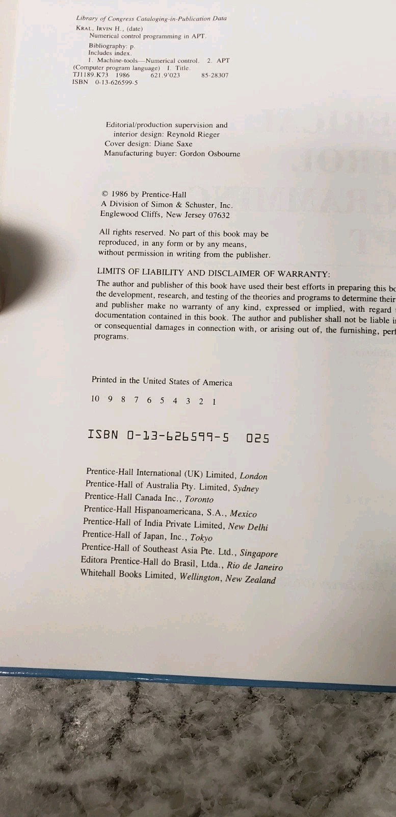 Numerical Control Programming in APT Irvin H Kral HC 1986 Prentice Hall