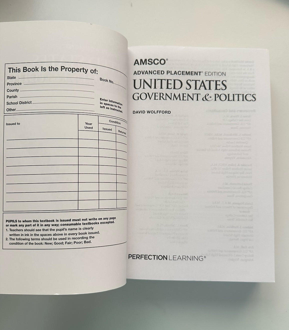 Perfection Learning AMSCO AP US Government & Politics Wolfford 2019 Paperback