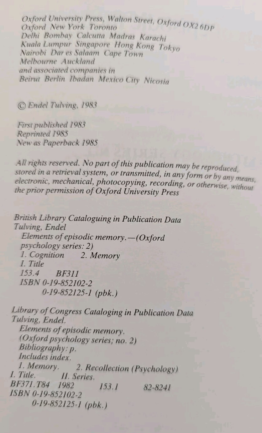 Elements of Episodic Memory (Oxford Psychology Series)