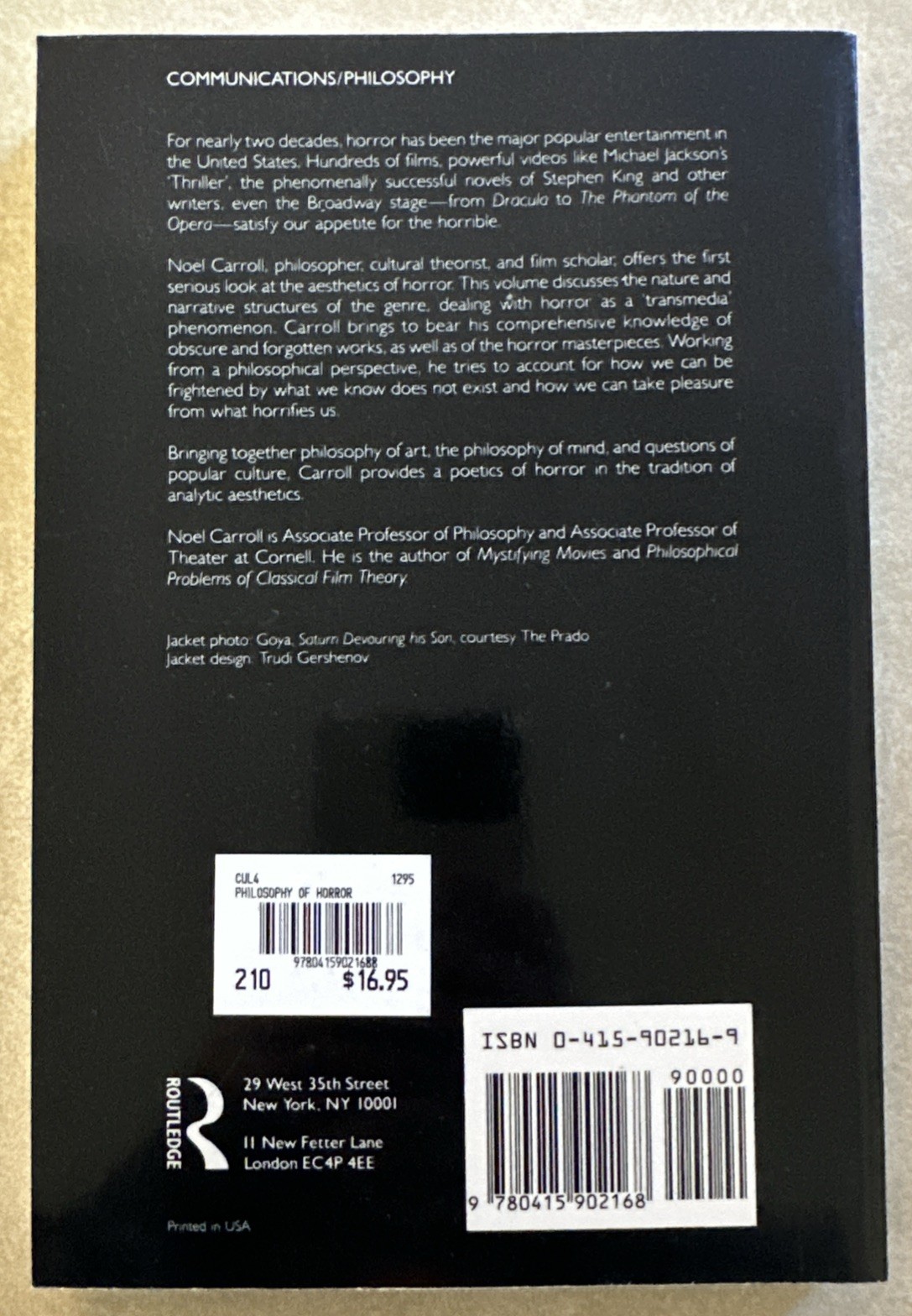 Noel Carroll The Philosophy of Horror or Paradoxes of the Heart Paperback Book