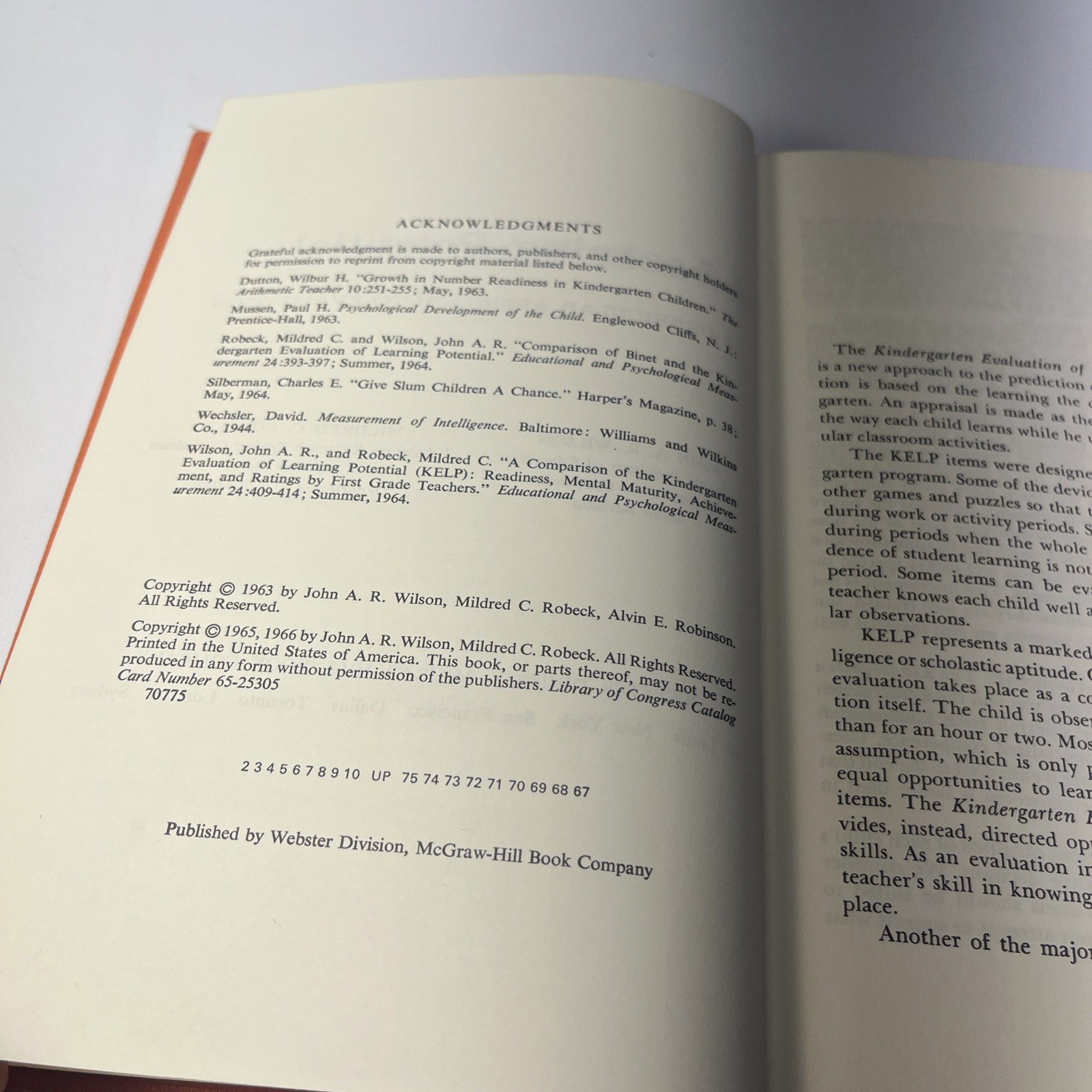 KINDERGARTEN EVALUATION OF LEARNING POTENTIAL KELP 1965 Wilson Robeck McGraw Hil