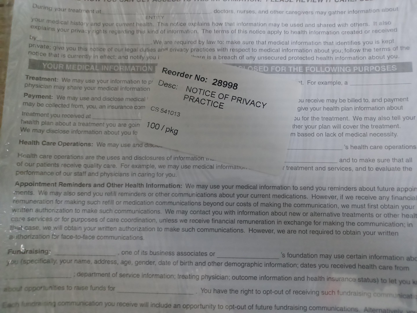 Medical Arts Press Notice of Privacy Practices, 100 per pack.