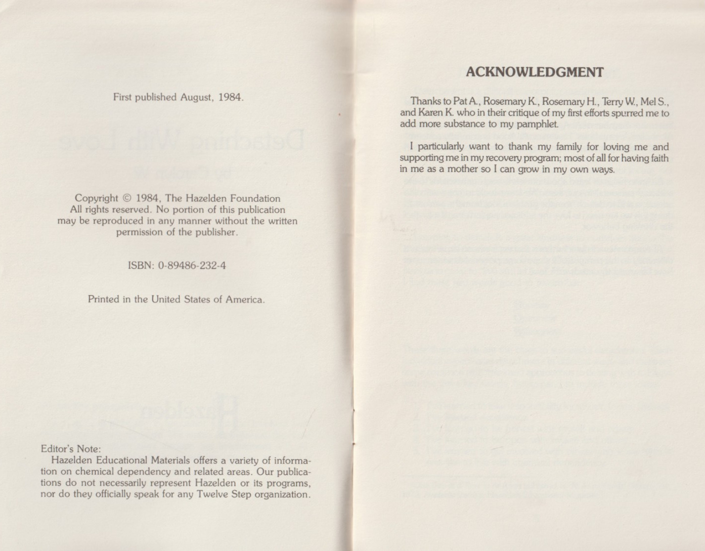 Detaching with Love by Carolyn W., 1984 Hazelden booklet, Alcoholics Anonymous